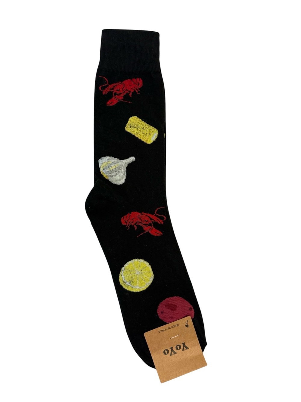YoYo Crawfish Boil Novelty Crew Socks NWT Black Cajun Lemon Corn Garlic OS